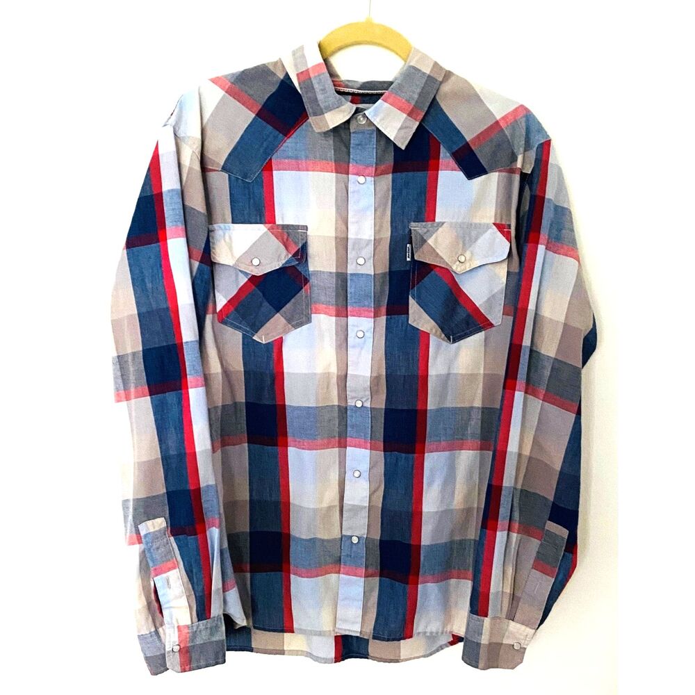 Levis Pearl Snap Button Up Long Sleeve Collared Plaid Western Shirt Top L